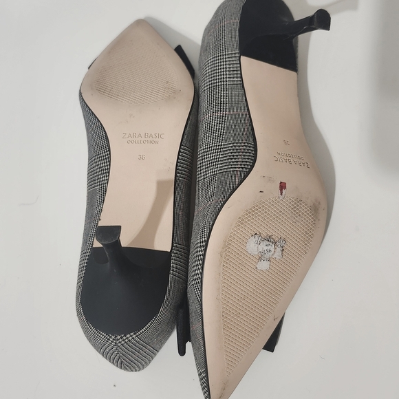 Zara Women’s Black Gray Plaid Bow Mini Heels EU 36 Pumps Office Career Shoes - Picture 11 of 16